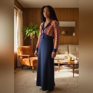 Vtg 70s XS/S Navy Disco A-Line Maxi Dress Multi Color Button Cropped Jacket